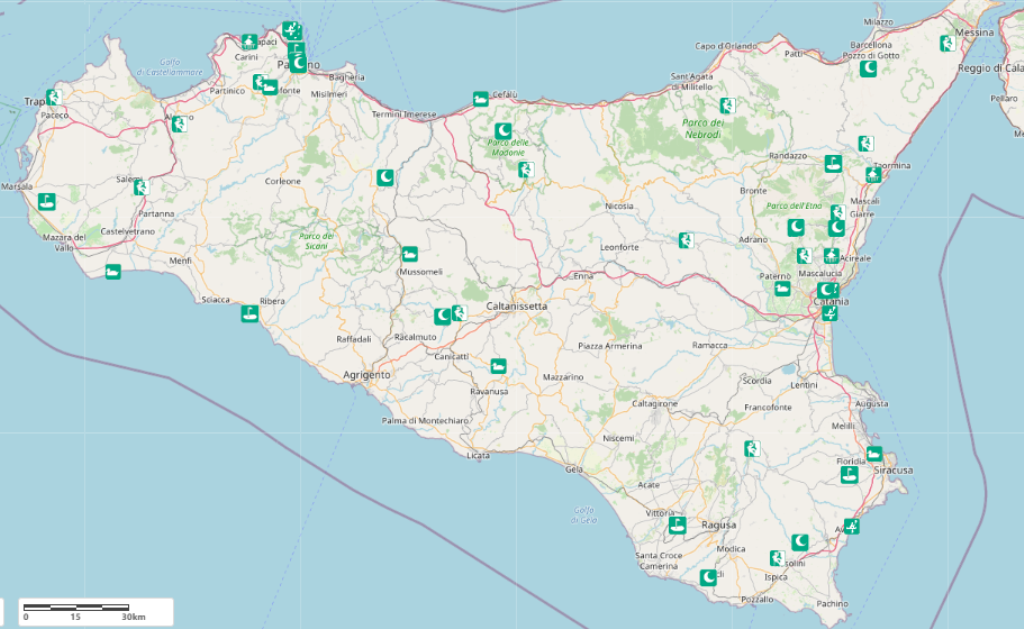 Web map regionale dei Parchi avventura, attività outdoor e spiagge di Sicilia, realizzata dal Lab Gis Osservatorio Turistico Regione Siciliana 