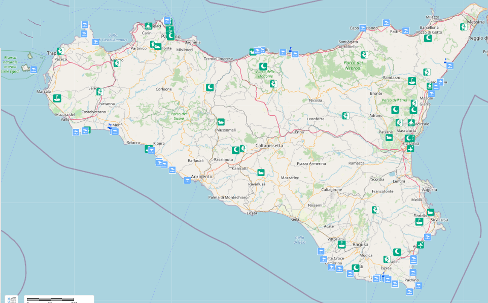 Web map regionale dei Parchi avventura, attività outdoor e spiagge di Sicilia, realizzata dal Lab Gis Osservatorio Turistico Regione Siciliana 